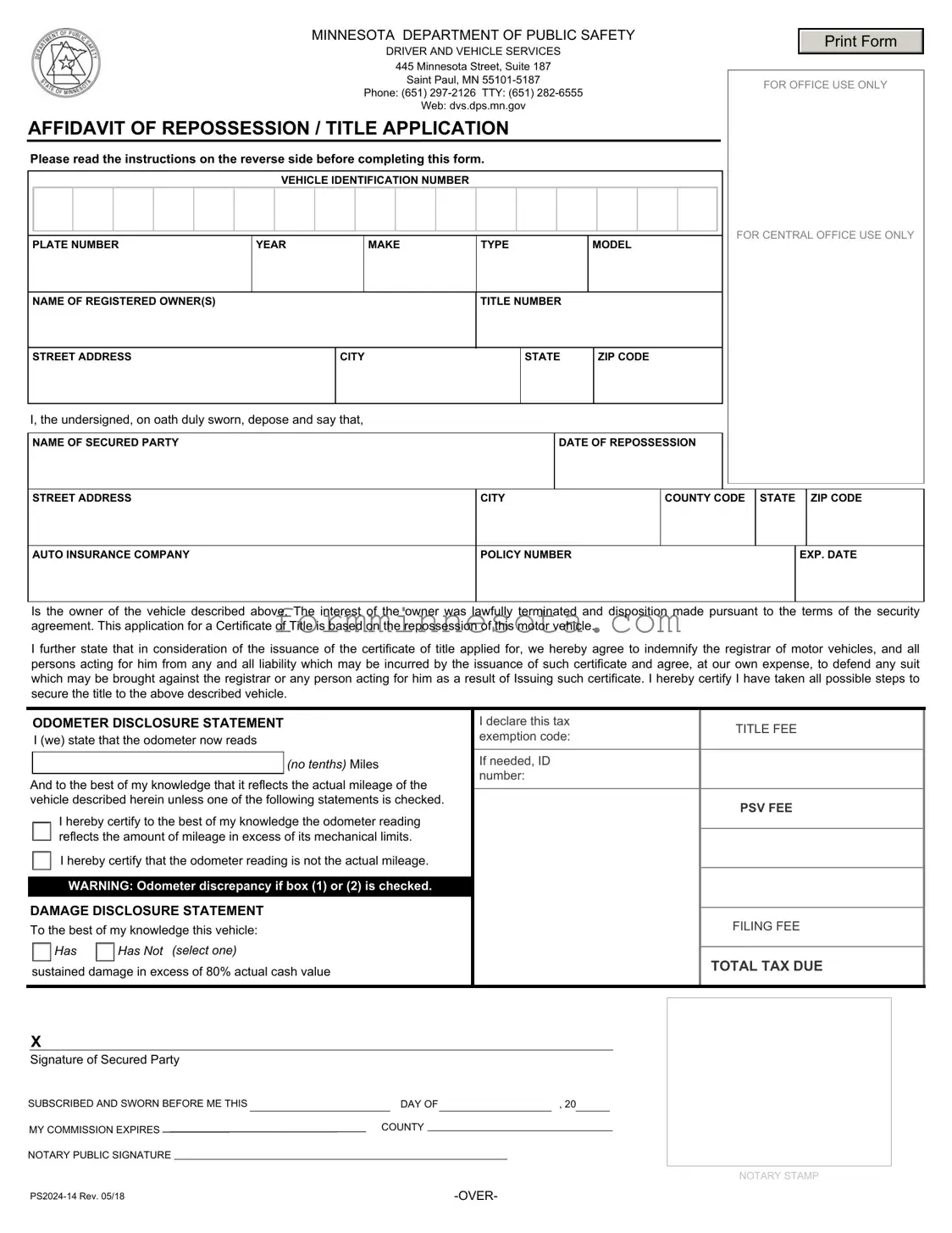 Affidavit Of Repossession Minnesota Template