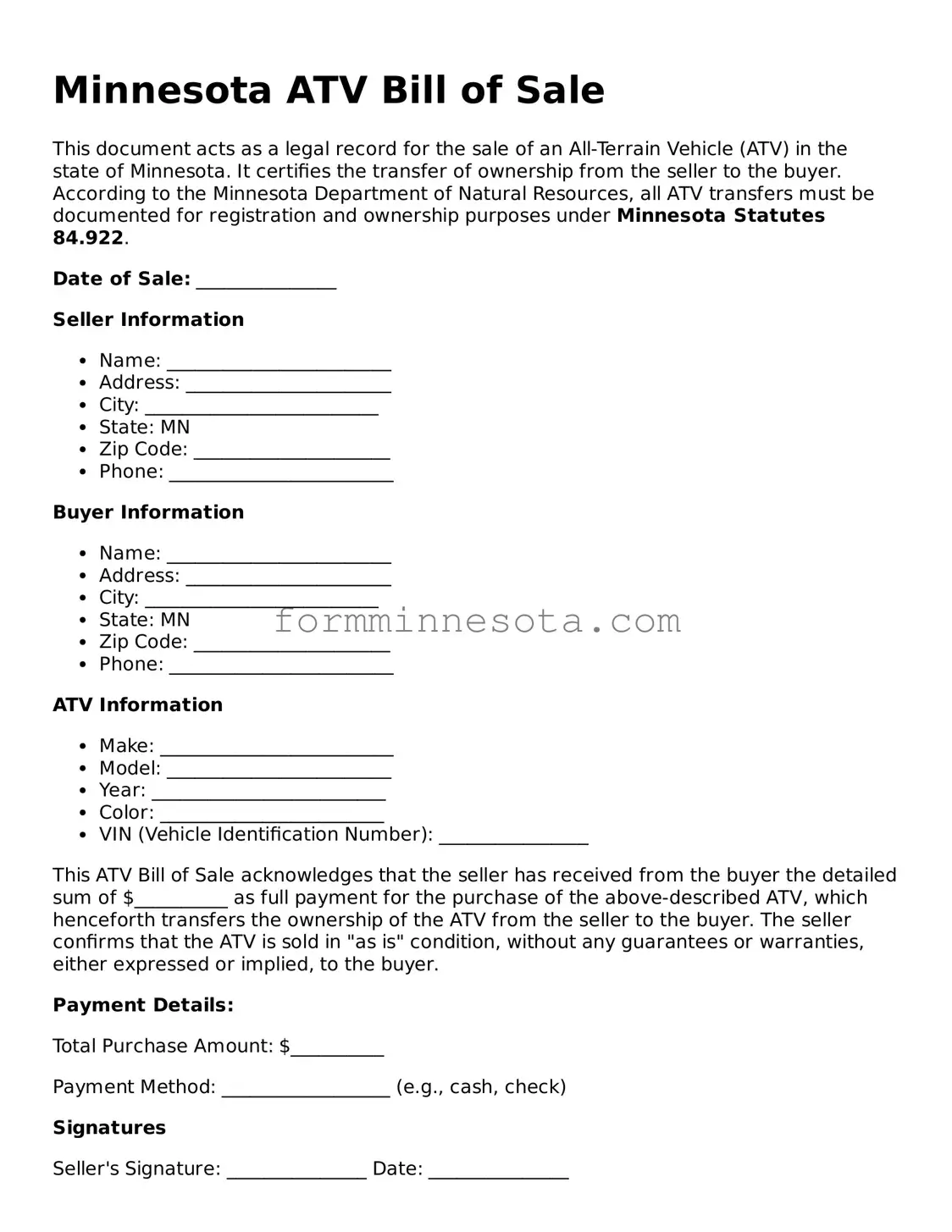Free ATV Bill of Sale Form for the State of Minnesota