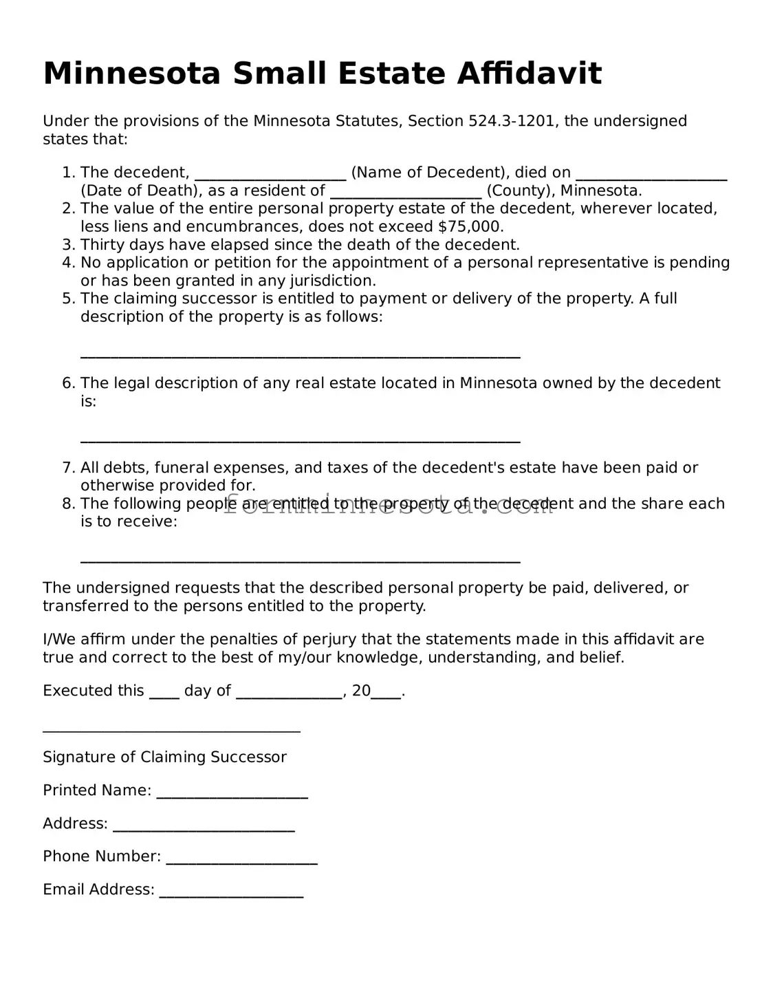 Free Small Estate Affidavit Form for the State of Minnesota