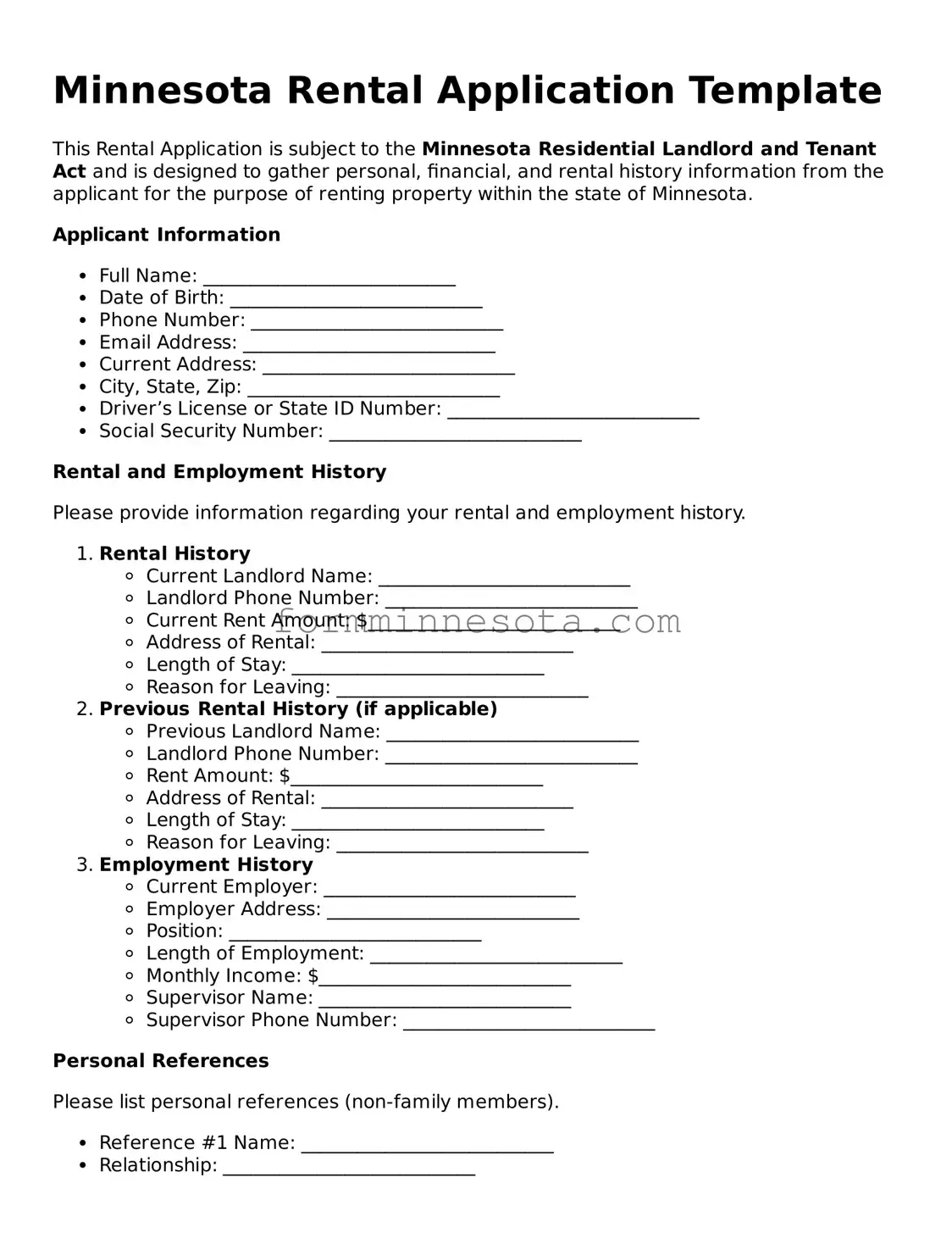 Free Rental Application Form for the State of Minnesota