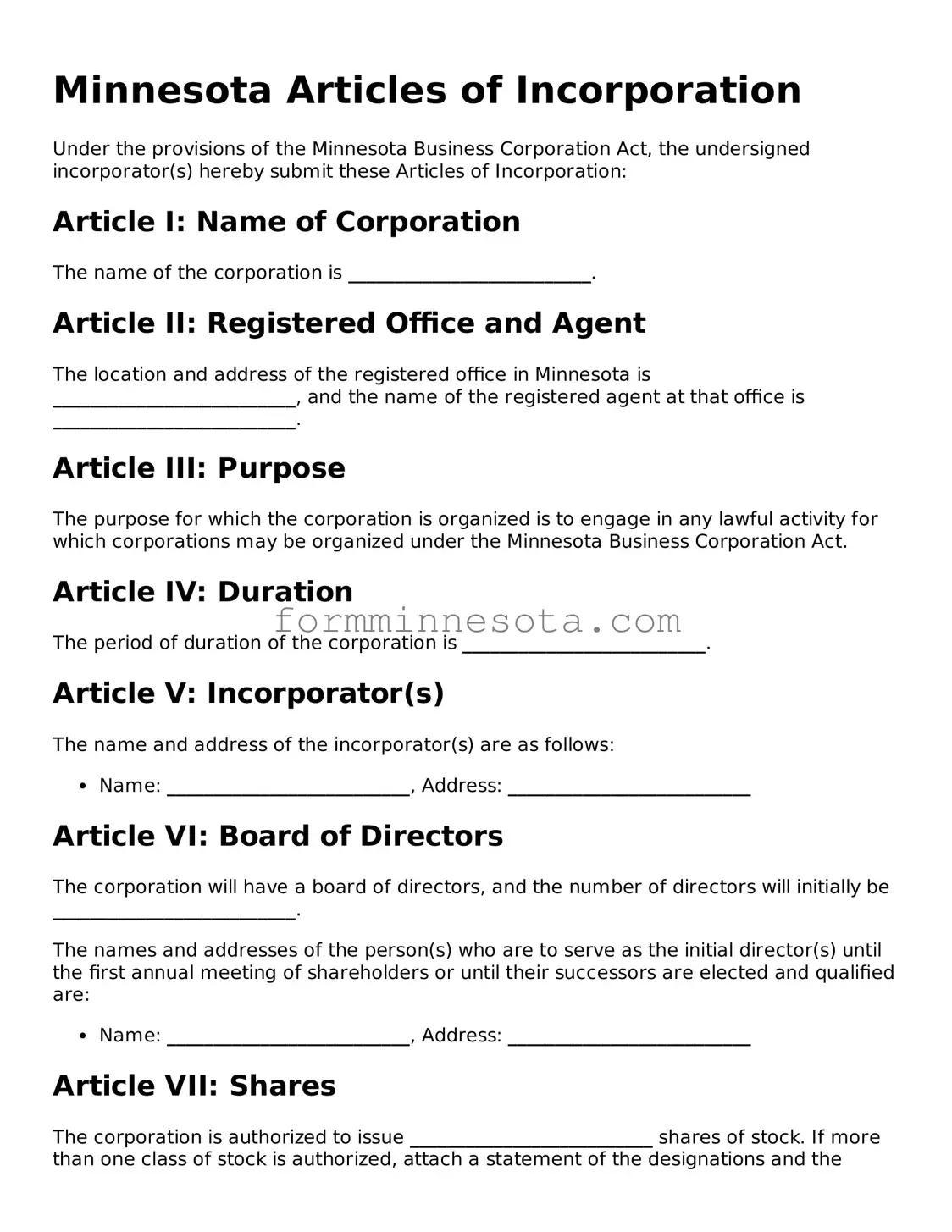 Free Articles of Incorporation Form for the State of Minnesota