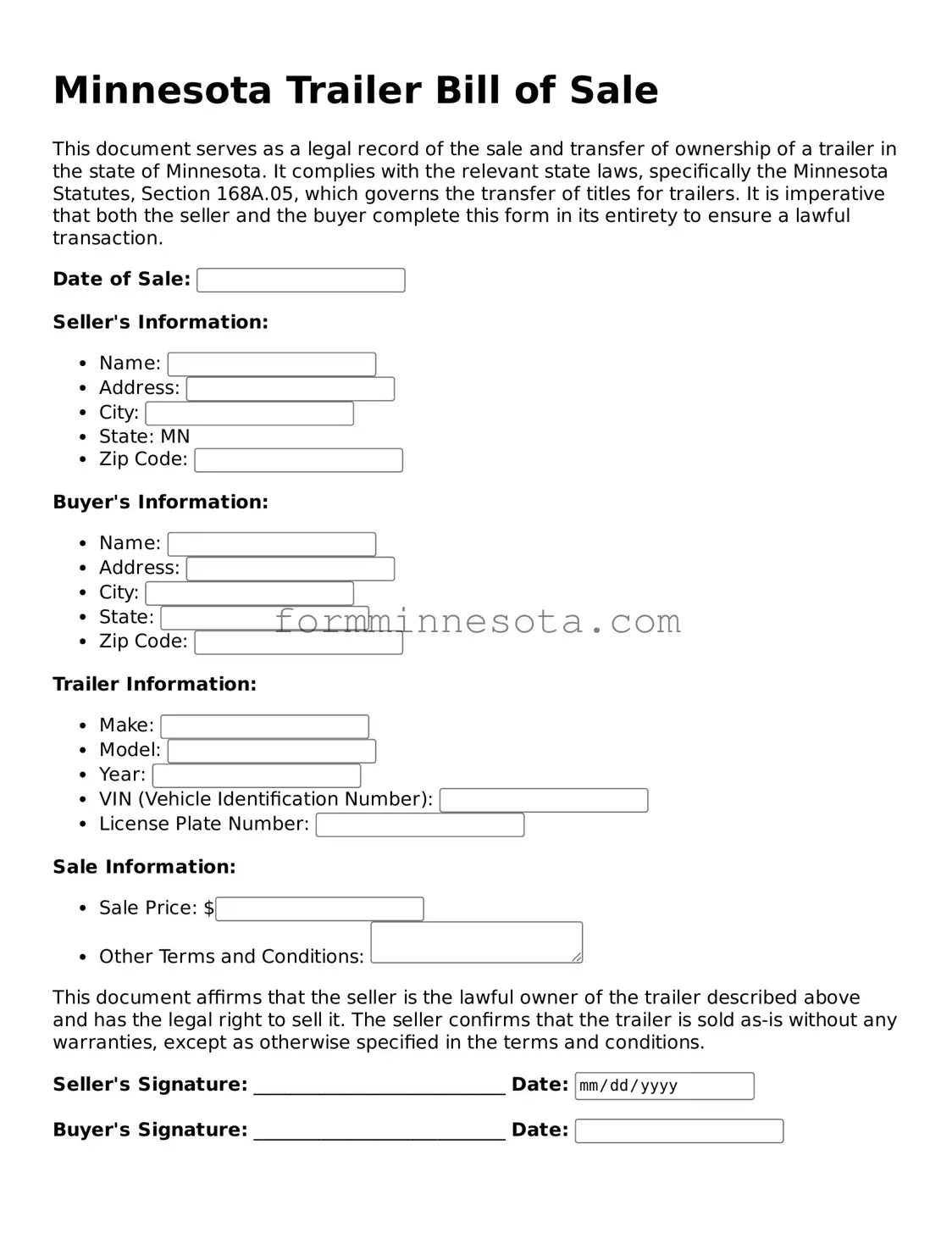 Free Trailer Bill of Sale Form for the State of Minnesota
