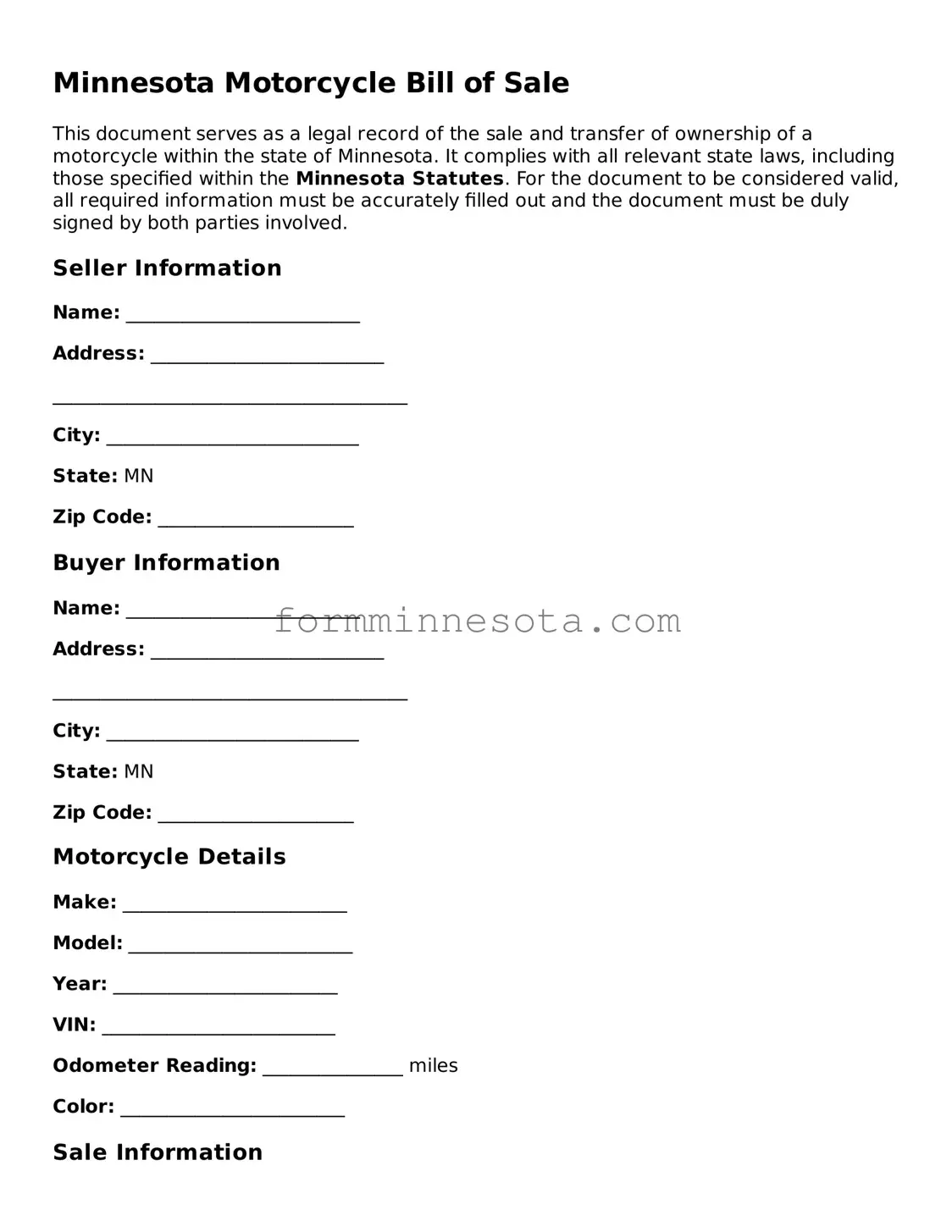 Free Motorcycle Bill of Sale Form for the State of Minnesota