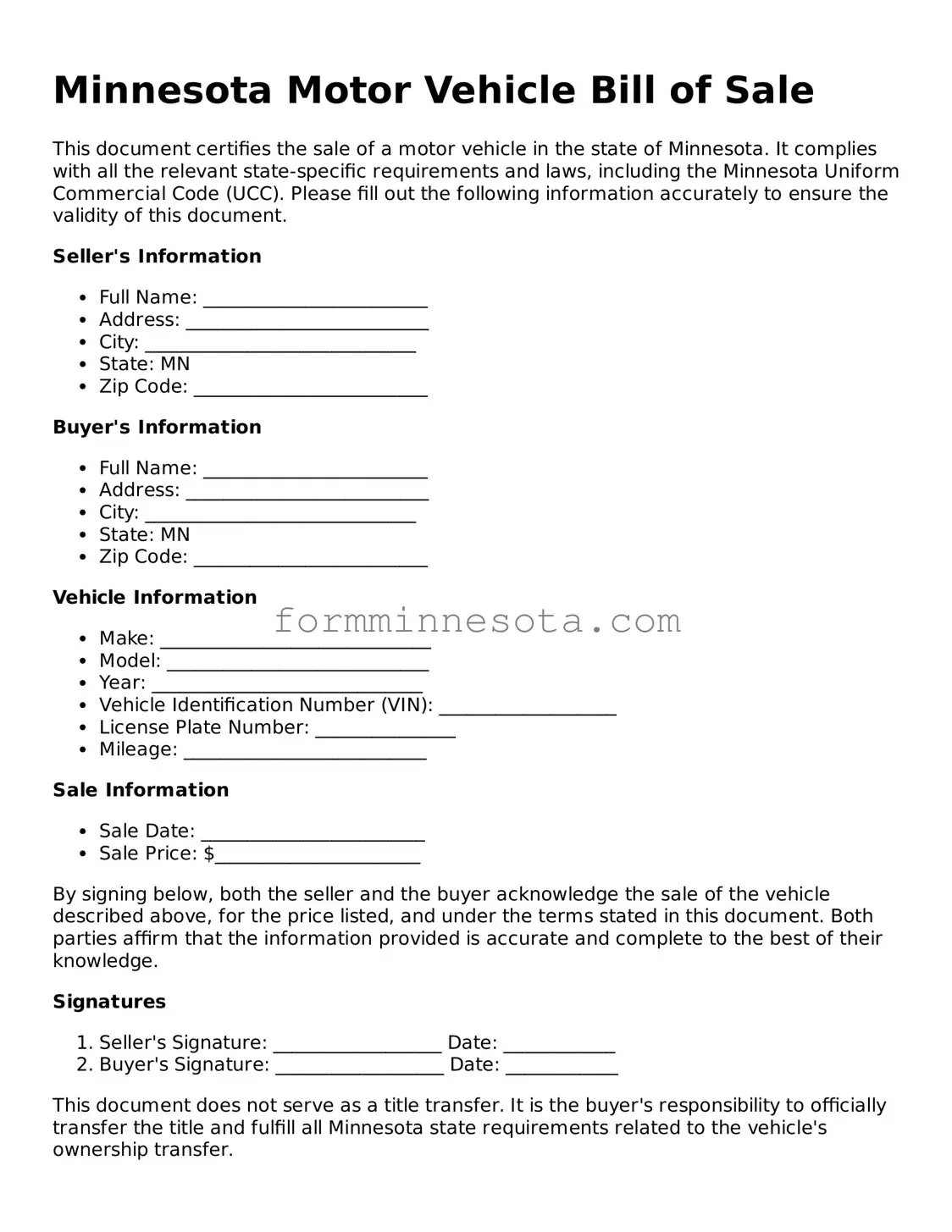 Free Motor Vehicle Bill of Sale Form for the State of Minnesota