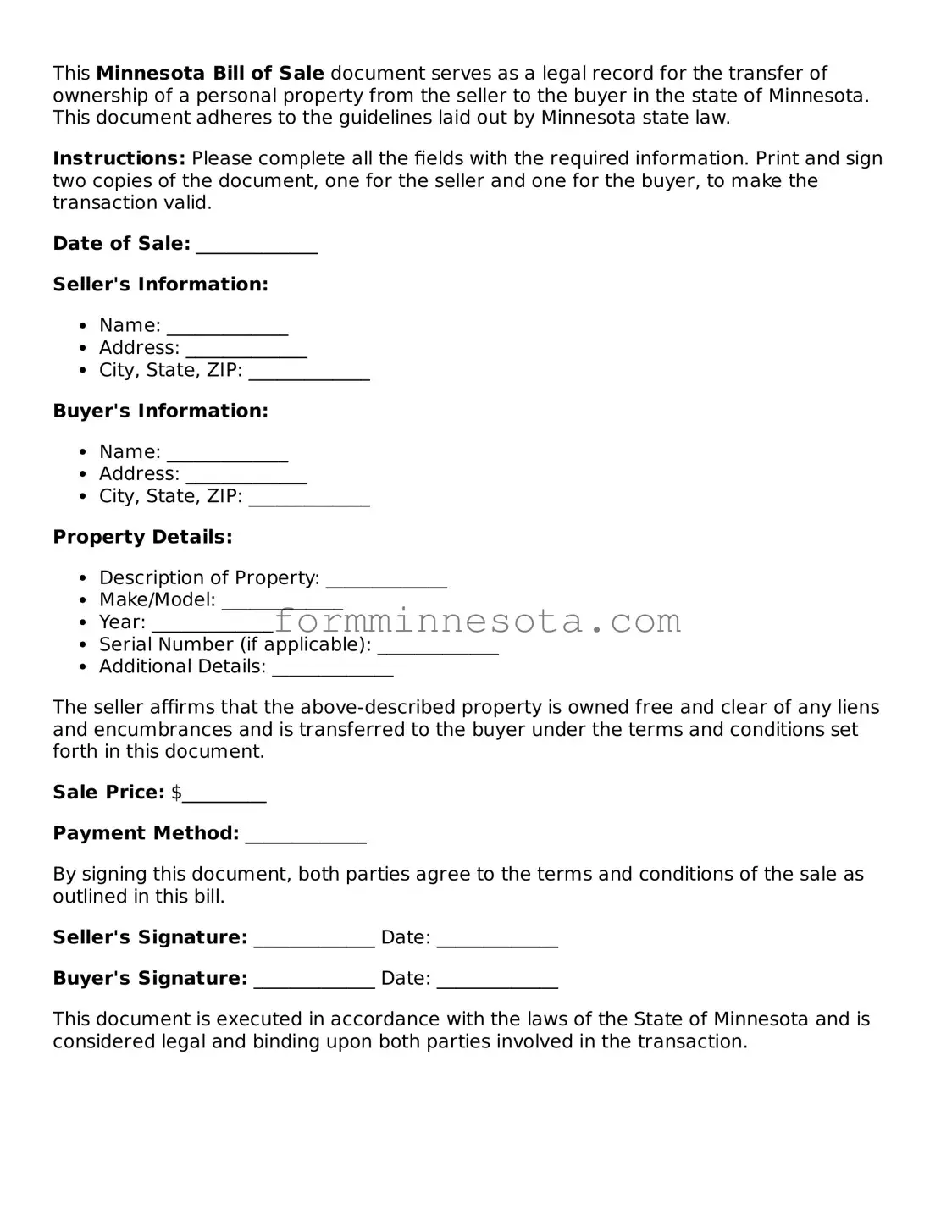 Free Bill of Sale Form for the State of Minnesota