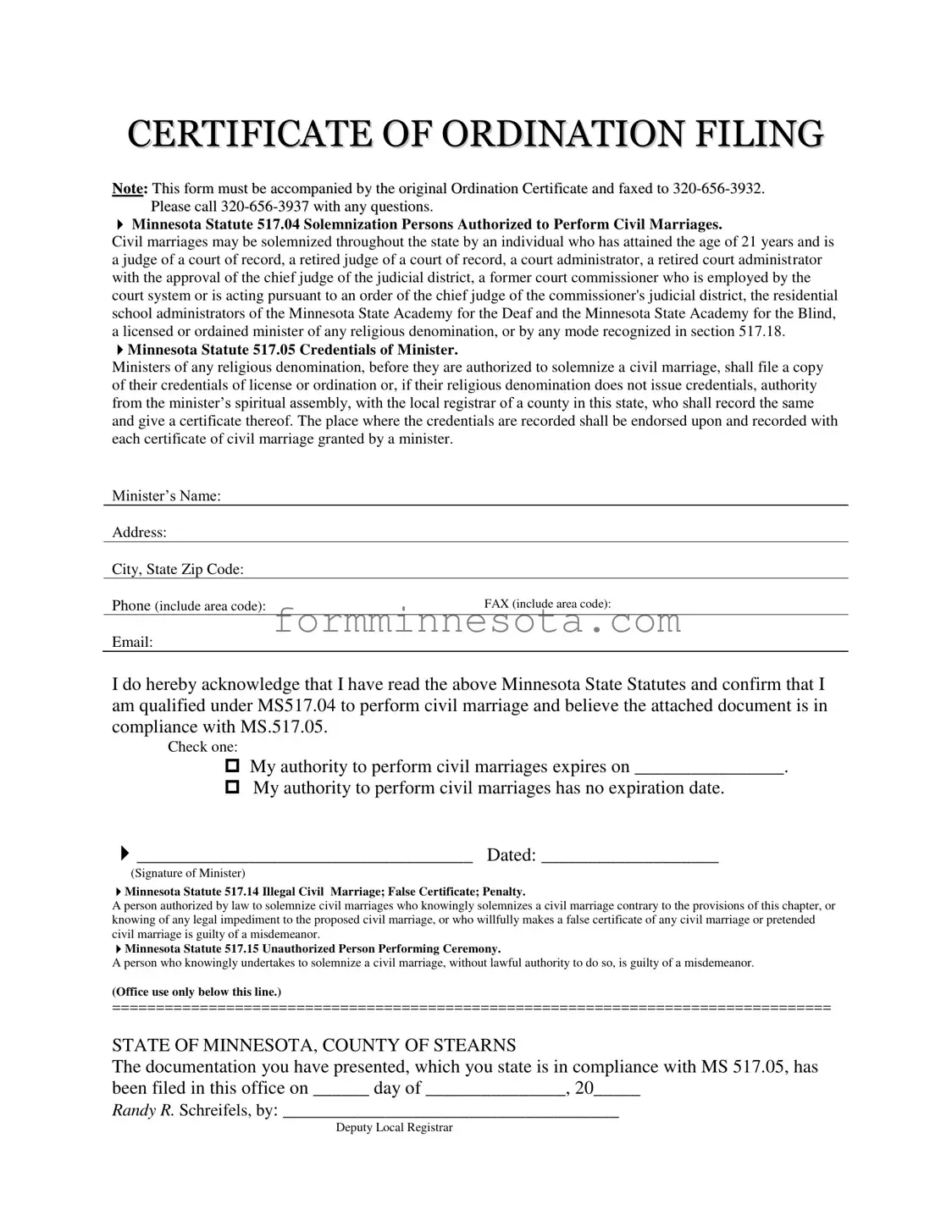 Minnesota Certificate Ordination Template
