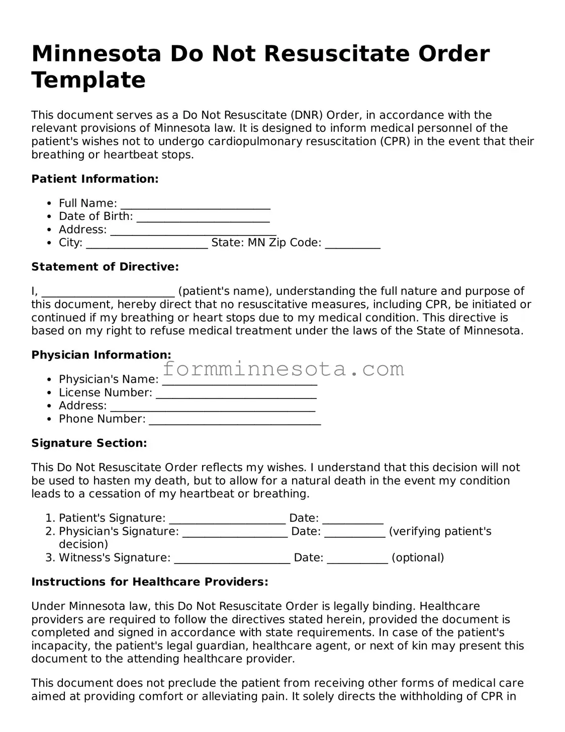 Free Do Not Resuscitate Order Form for the State of Minnesota