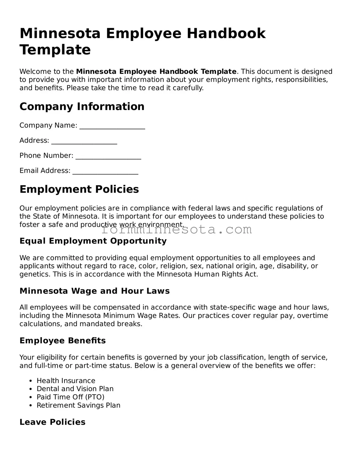 Free Employee Handbook Form for the State of Minnesota