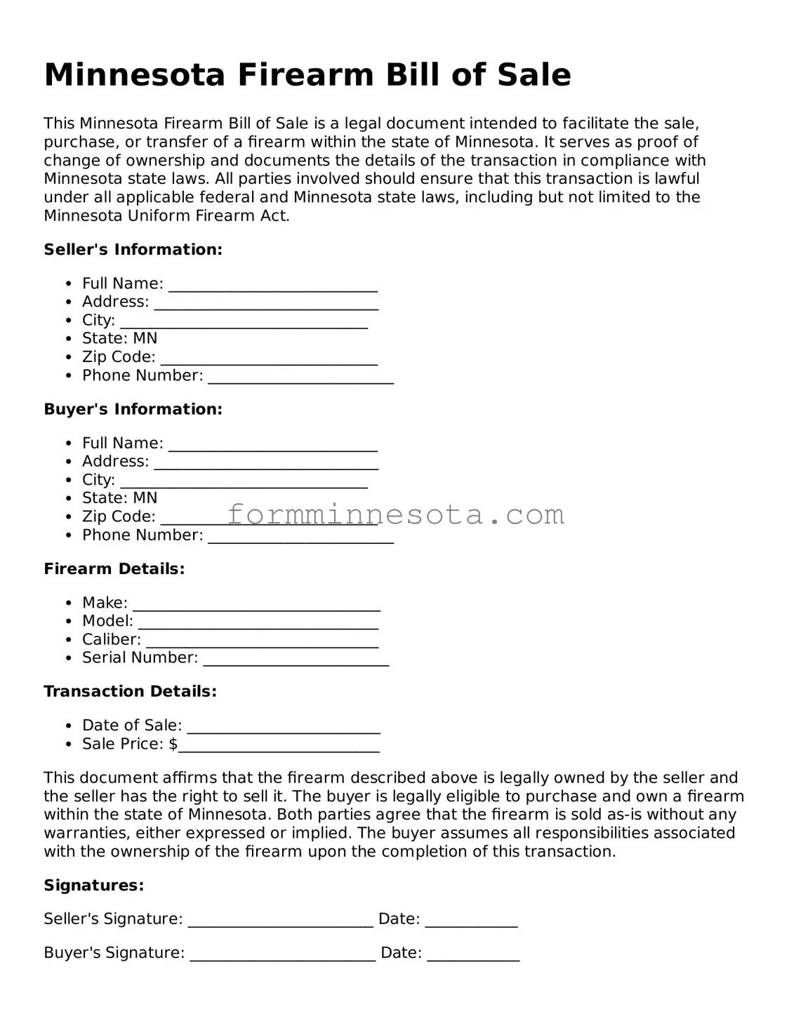 Free Firearm Bill of Sale Form for the State of Minnesota