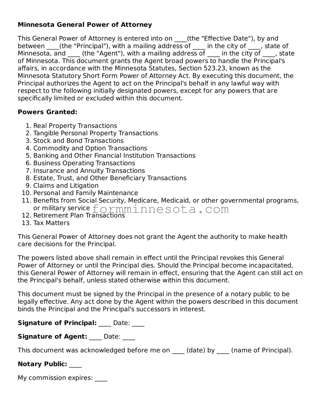 Free General Power of Attorney Form for the State of Minnesota