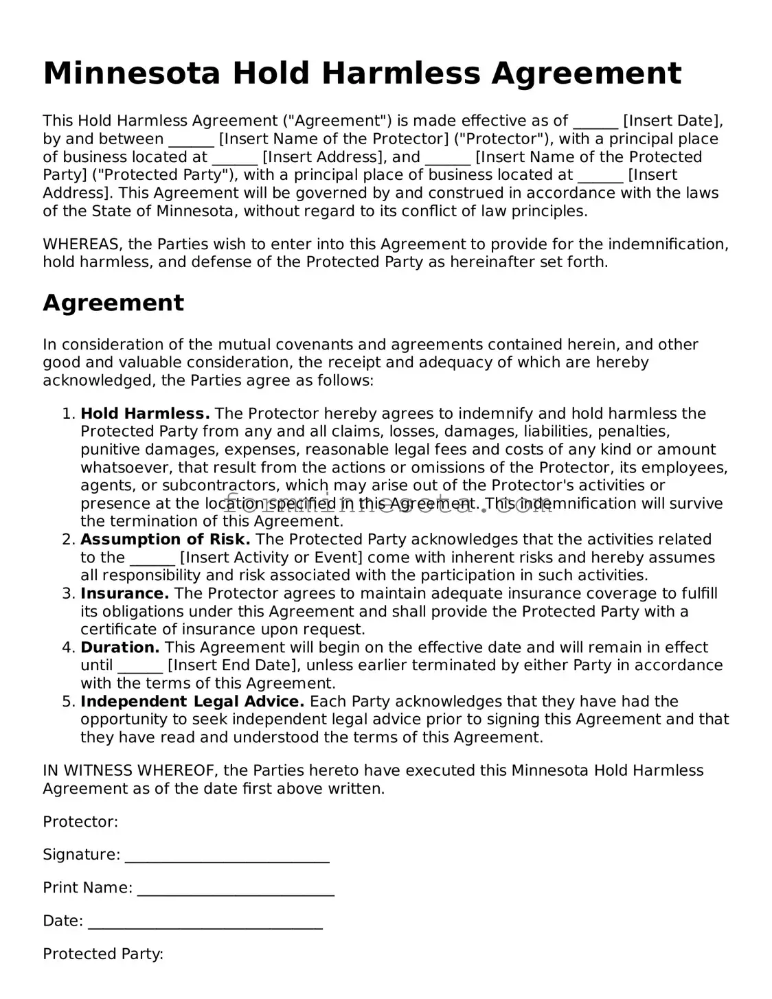 Free Hold Harmless Agreement Form for the State of Minnesota