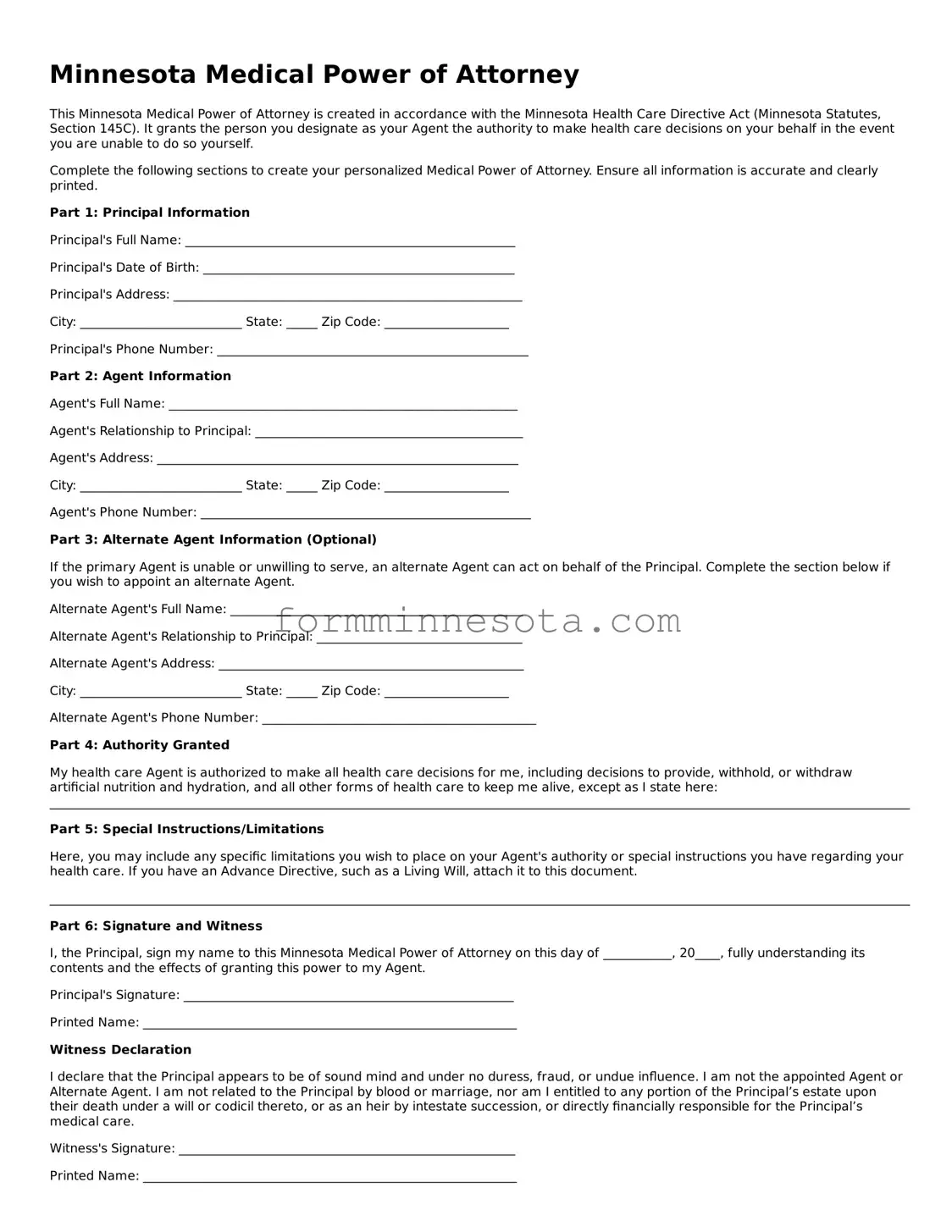 Free Medical Power of Attorney Form for the State of Minnesota