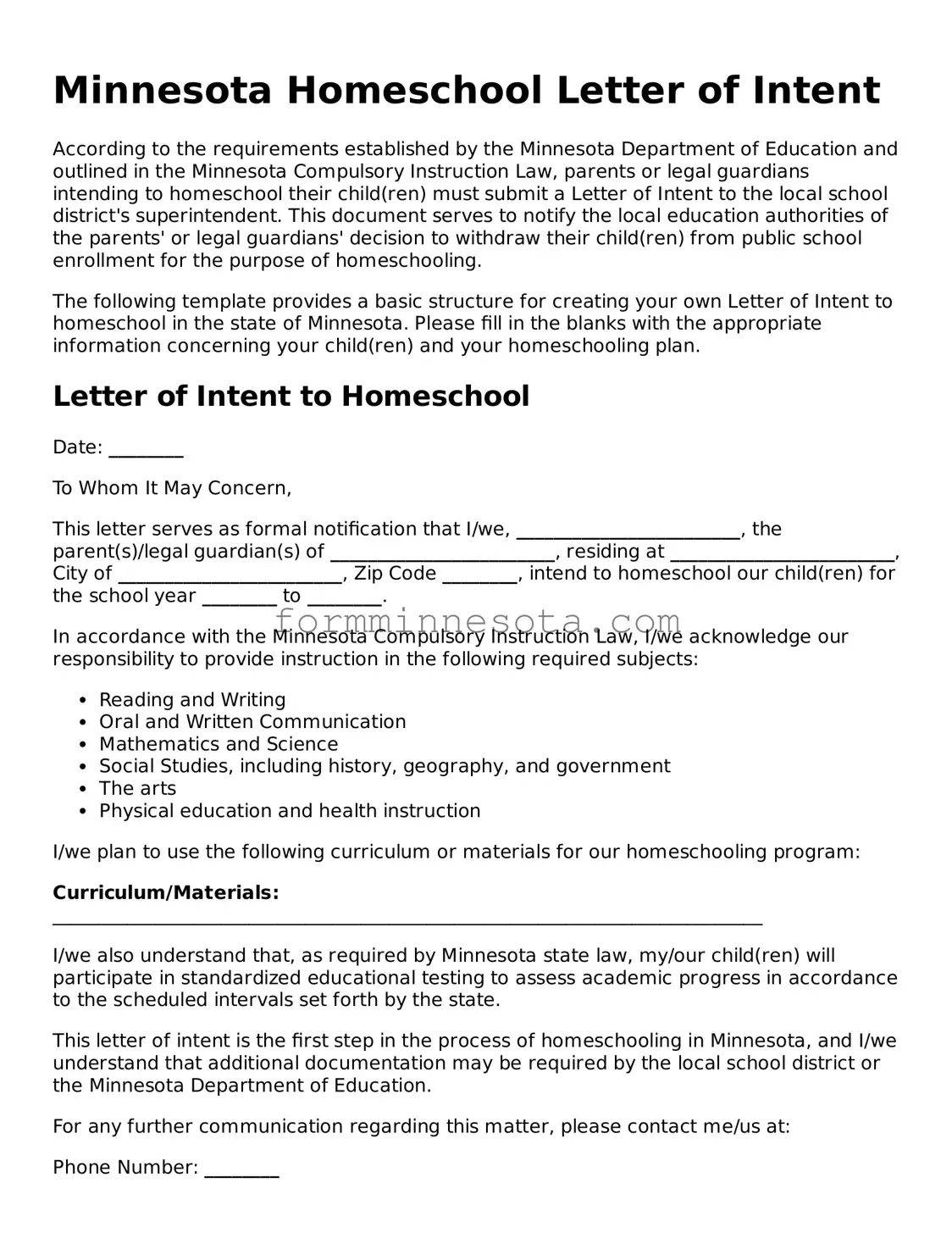 Free Homeschool Letter of Intent Form for the State of Minnesota