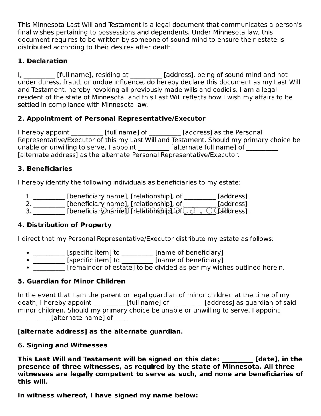 Free Last Will and Testament Form for the State of Minnesota