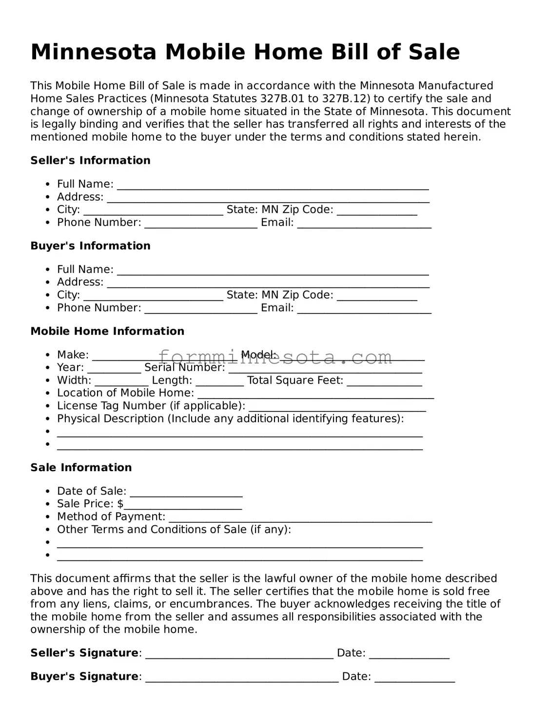 Free Mobile Home Bill of Sale Form for the State of Minnesota