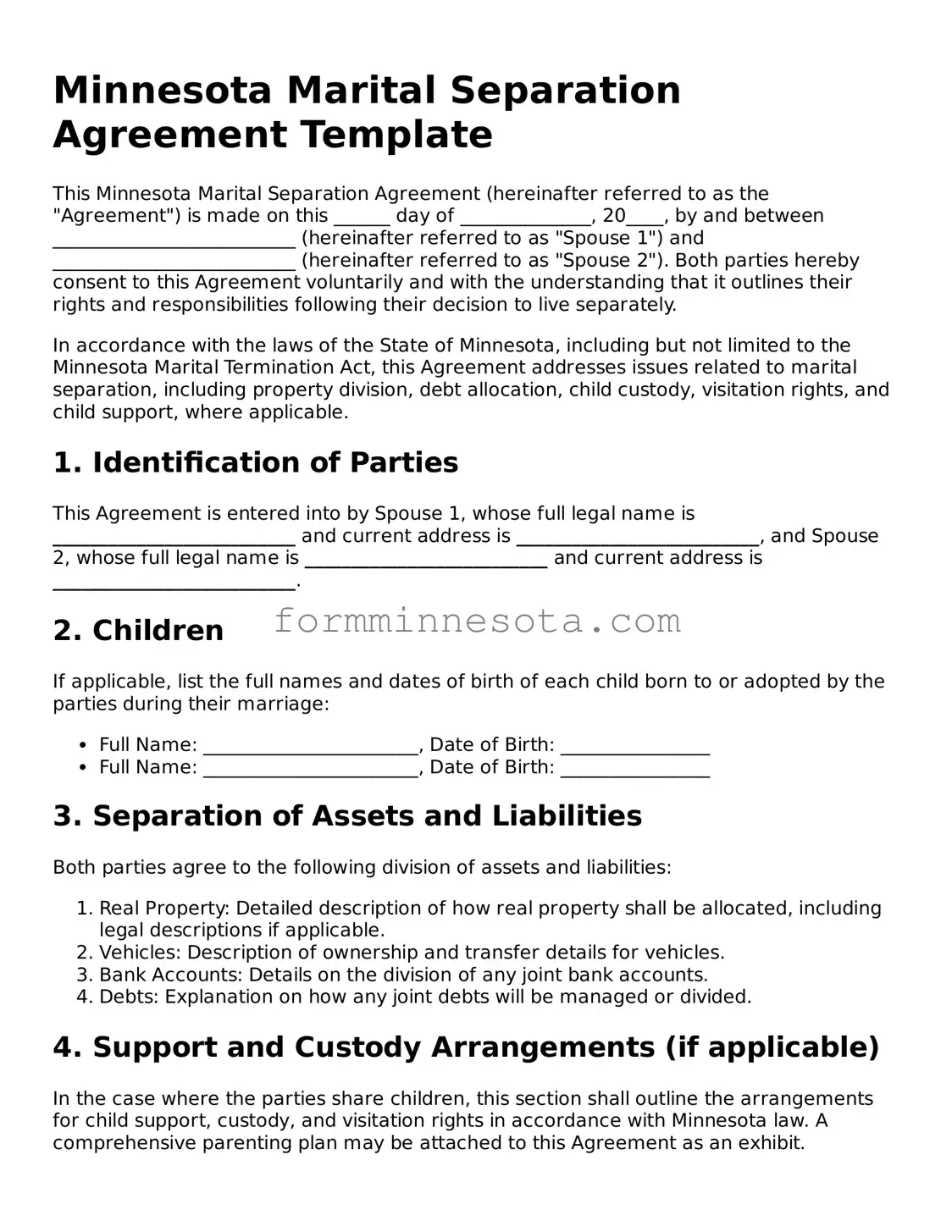 Free Marital Separation Agreement Form for the State of Minnesota