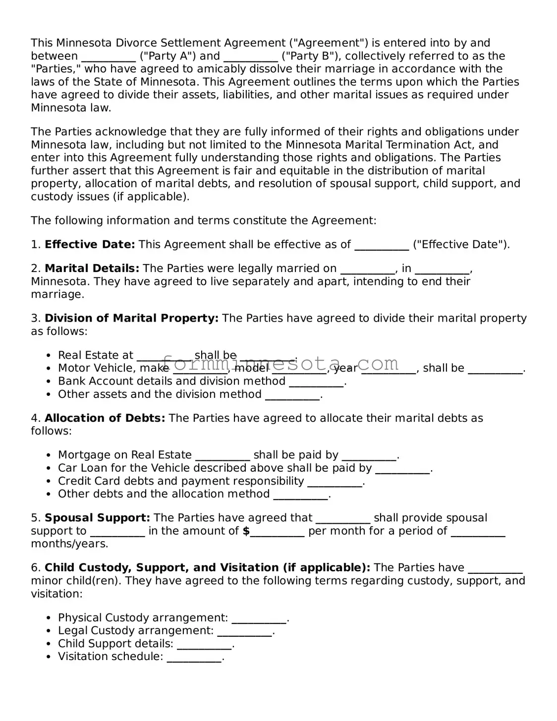 Free Divorce Settlement Agreement Form for the State of Minnesota