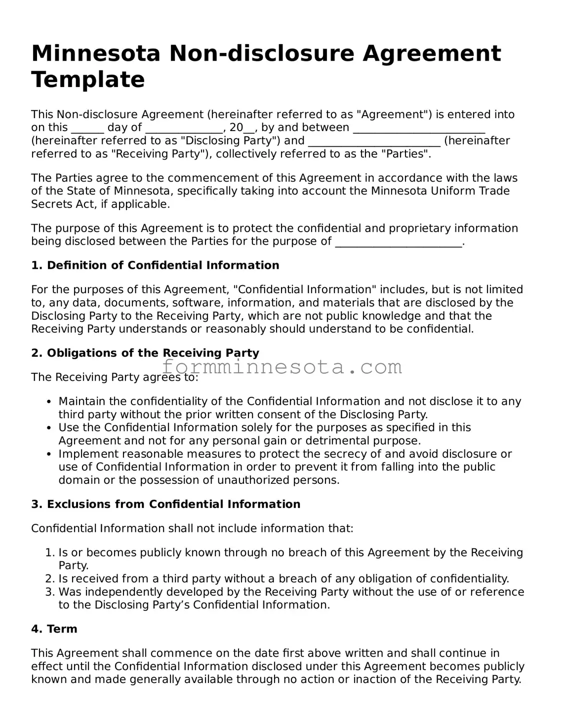 Free Non-disclosure Agreement Form for the State of Minnesota