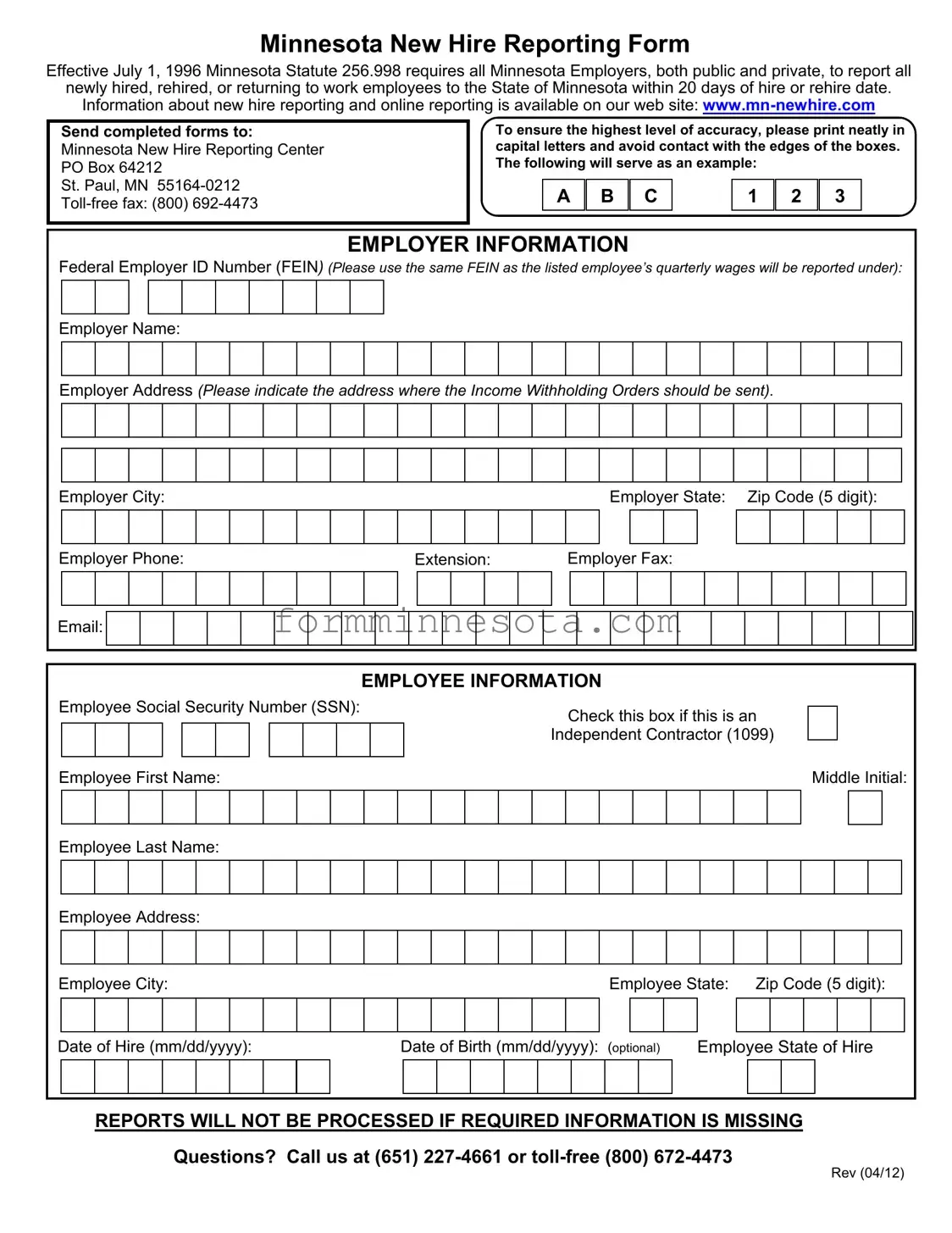 Minnesota New Hire Reporting Template