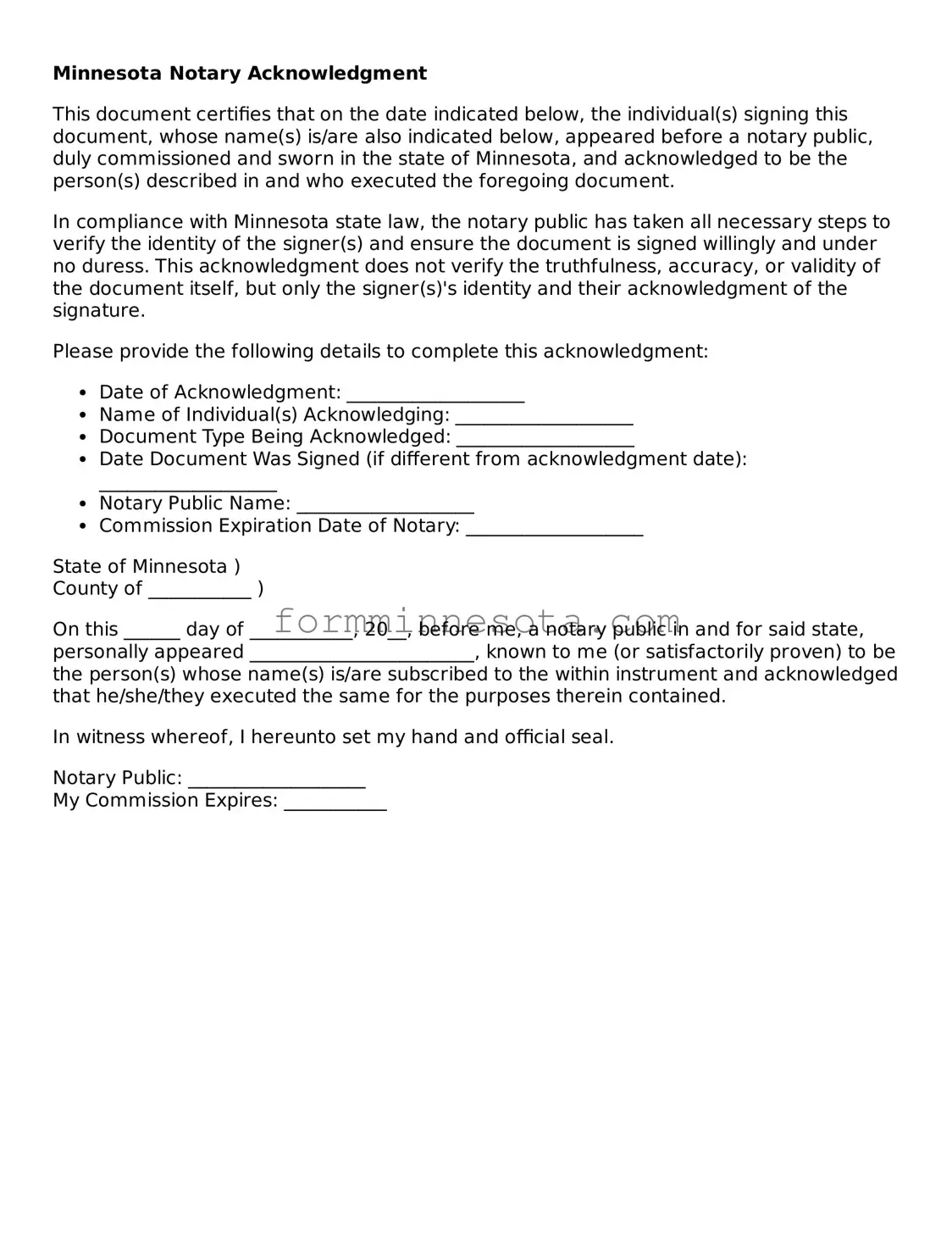 Free Notary Acknowledgement Form for the State of Minnesota