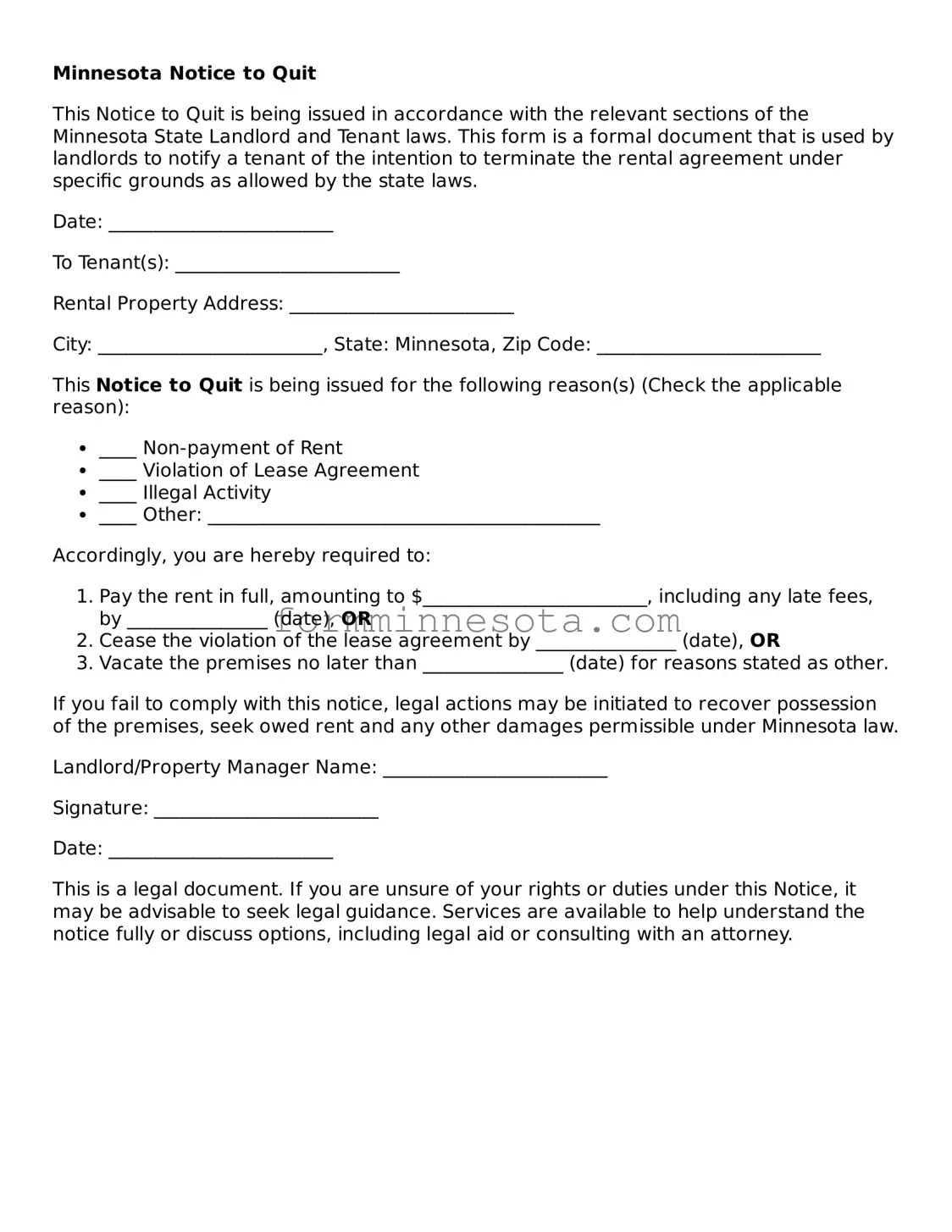 Free Notice to Quit Form for the State of Minnesota