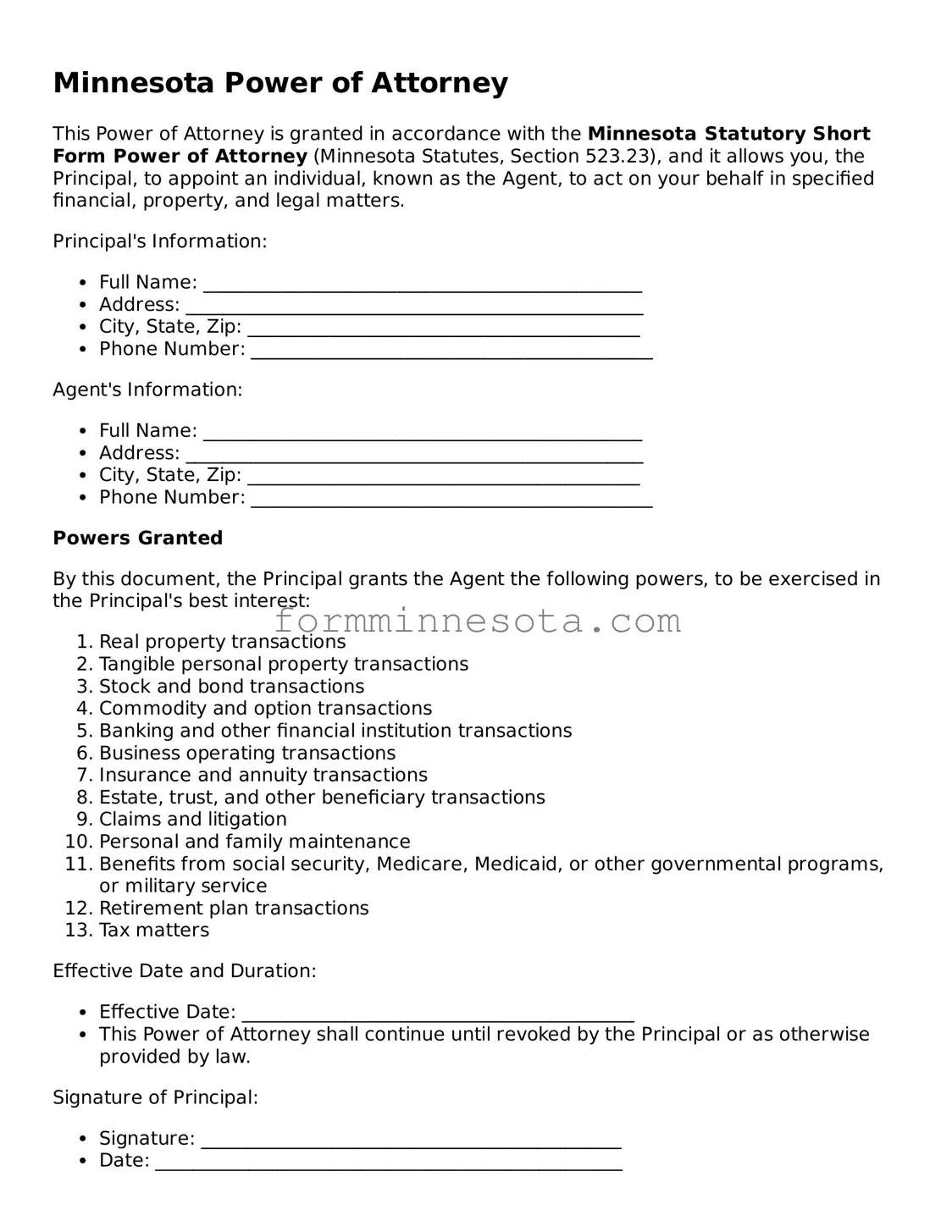 Free Power of Attorney Form for the State of Minnesota