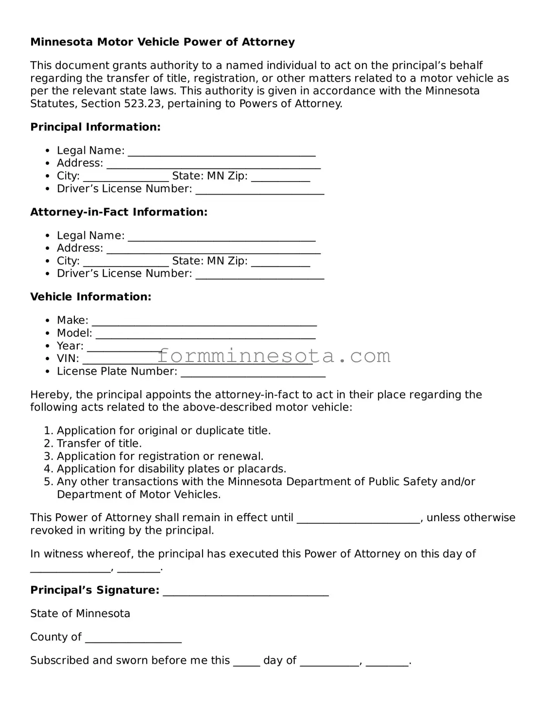 Free Motor Vehicle Power of Attorney Form for the State of Minnesota