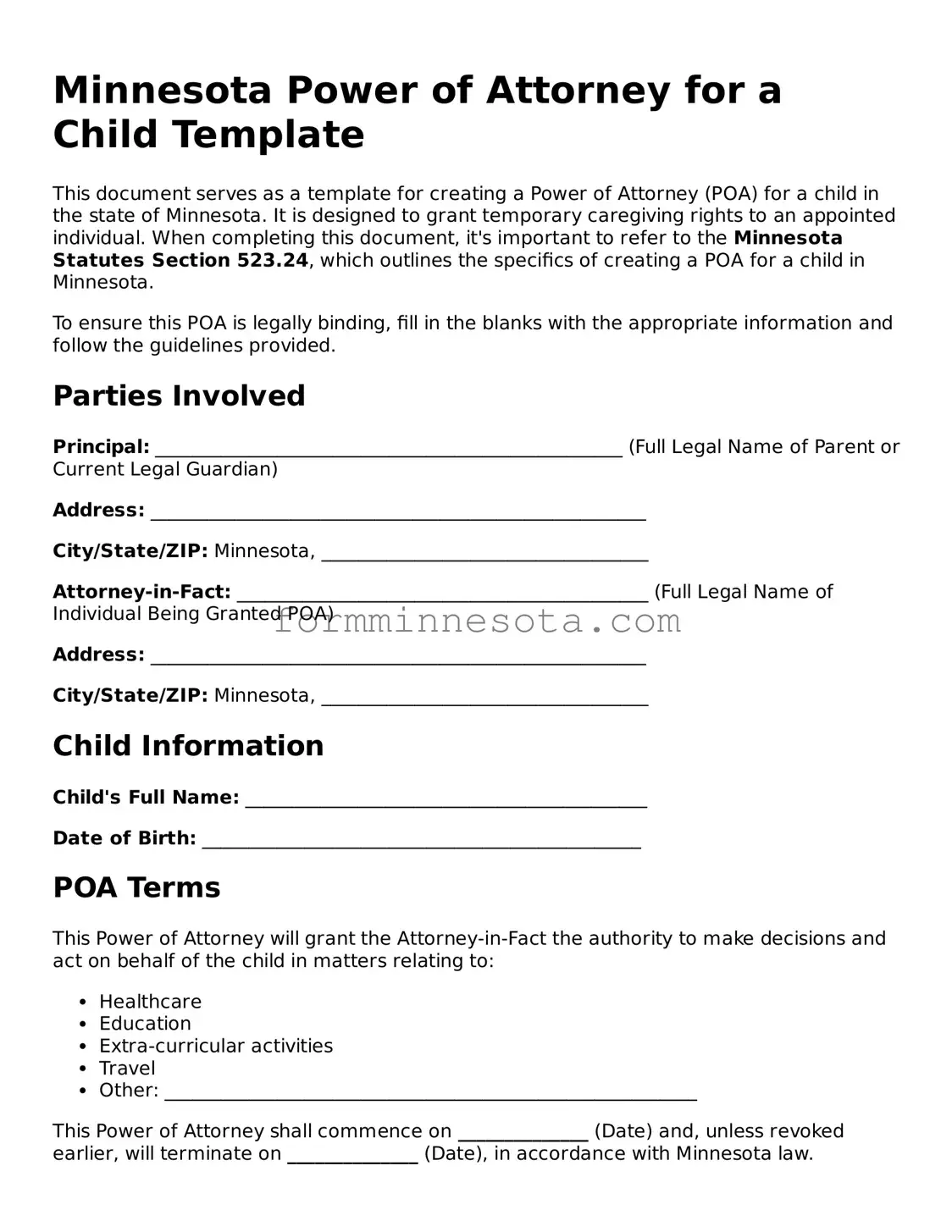 Free Power of Attorney for a Child Form for the State of Minnesota