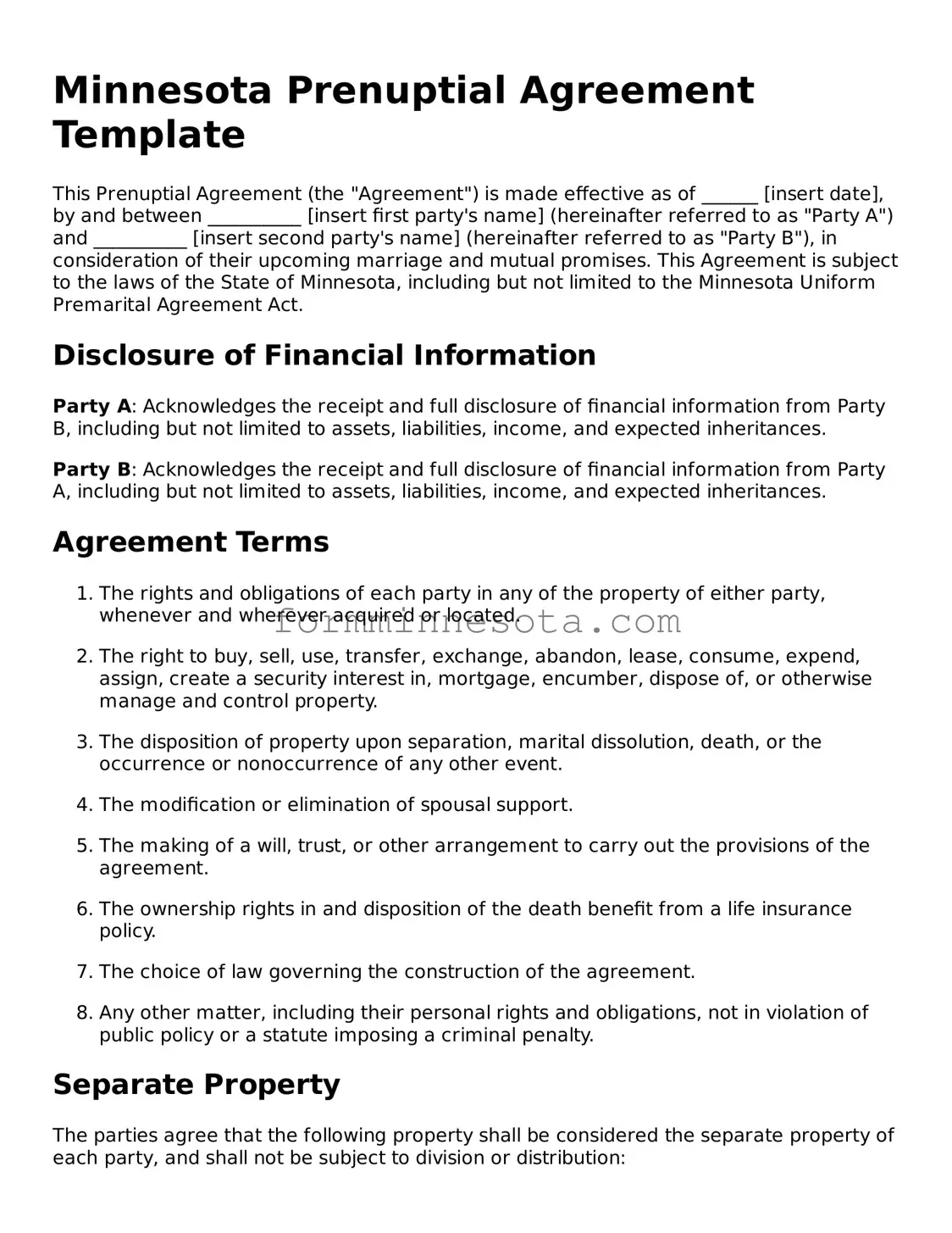 Free Prenuptial Agreement Form for the State of Minnesota