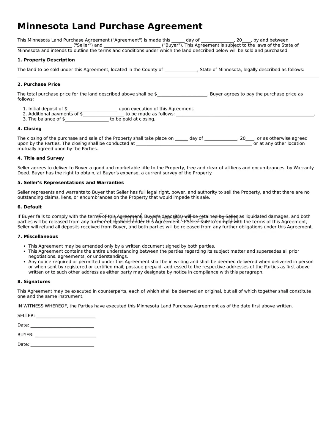 Free Land Purchase Agreement Form for the State of Minnesota