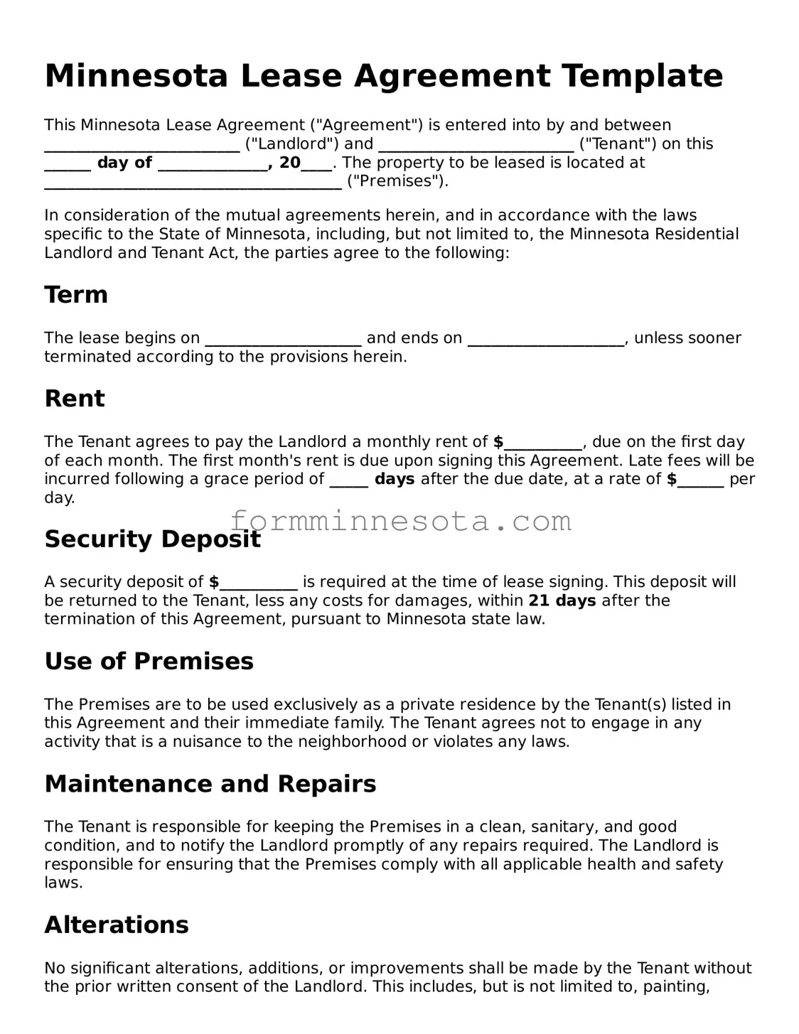 Free Lease Agreement Form for the State of Minnesota