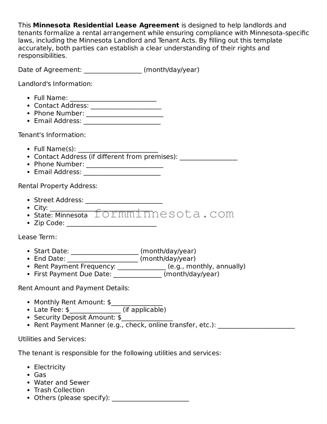Free Residential Lease Agreement Form for the State of Minnesota
