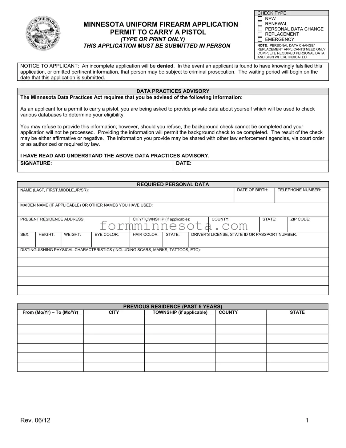 Minnesota Uniform Firearm Application Template