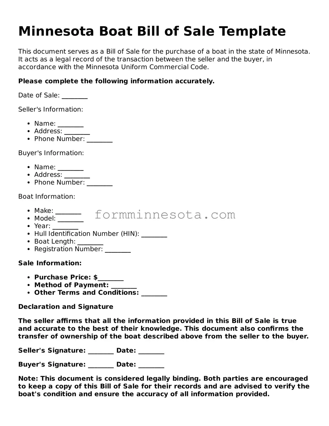 Free Boat Bill of Sale Form for the State of Minnesota