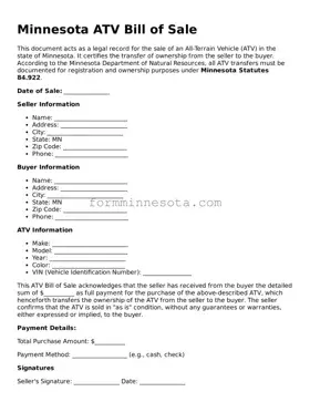 Free ATV Bill of Sale Form for the State of Minnesota