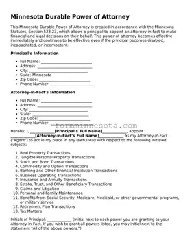 Free Durable Power of Attorney Form for the State of Minnesota