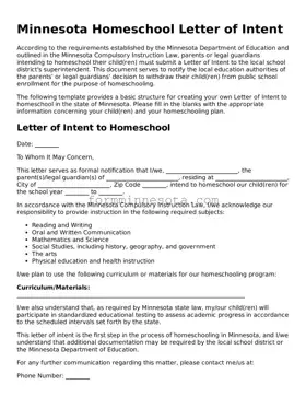 Free Homeschool Letter of Intent Form for the State of Minnesota