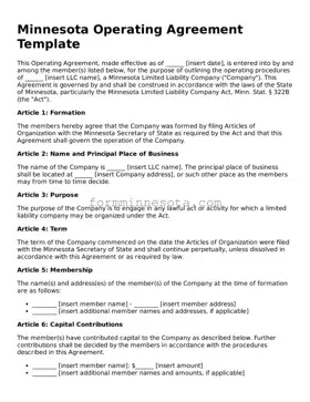 Free Operating Agreement Form for the State of Minnesota