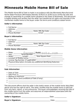 Free Mobile Home Bill of Sale Form for the State of Minnesota