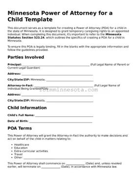 Free Power of Attorney for a Child Form for the State of Minnesota